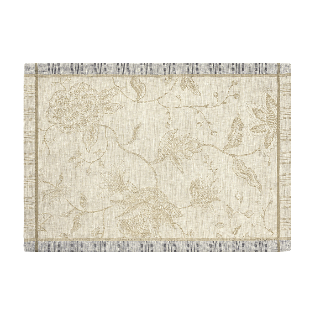 Close-up of ivory jacquard placemat with tone-on-tone floral motif and striped border.