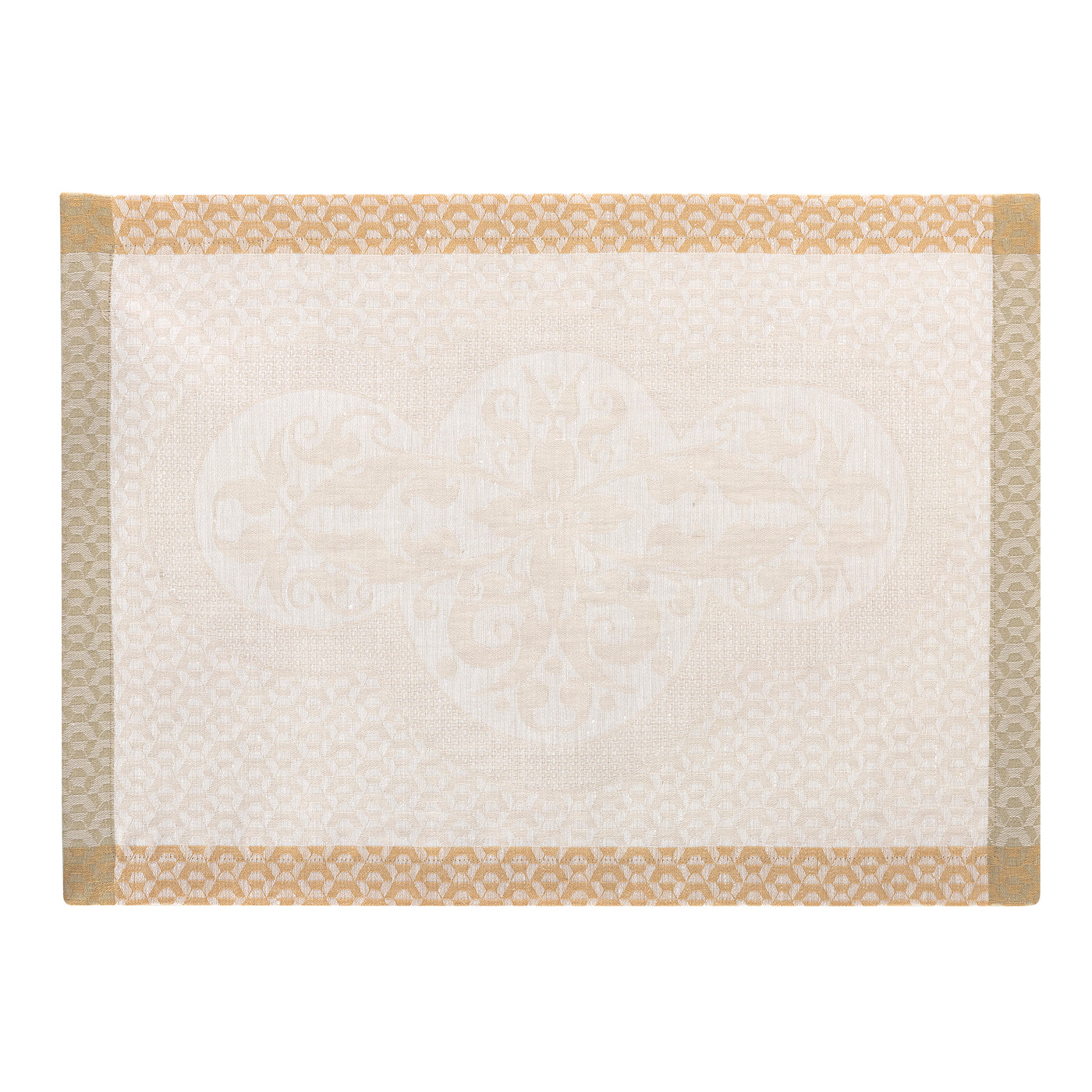 Close-up of ivory jacquard placemat with champagne geometric border and floral medallion weave.