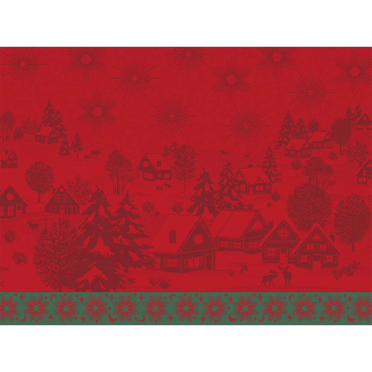 Red jacquard placemat with tonal winter village scene, pine trees, and green floral border stripe.