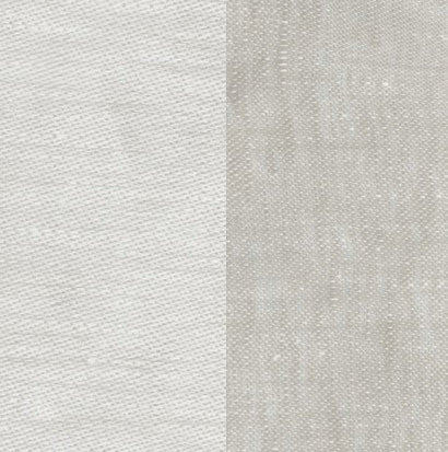 Side-by-side fabric comparison showing ivory and silver-grey linen weave textures.