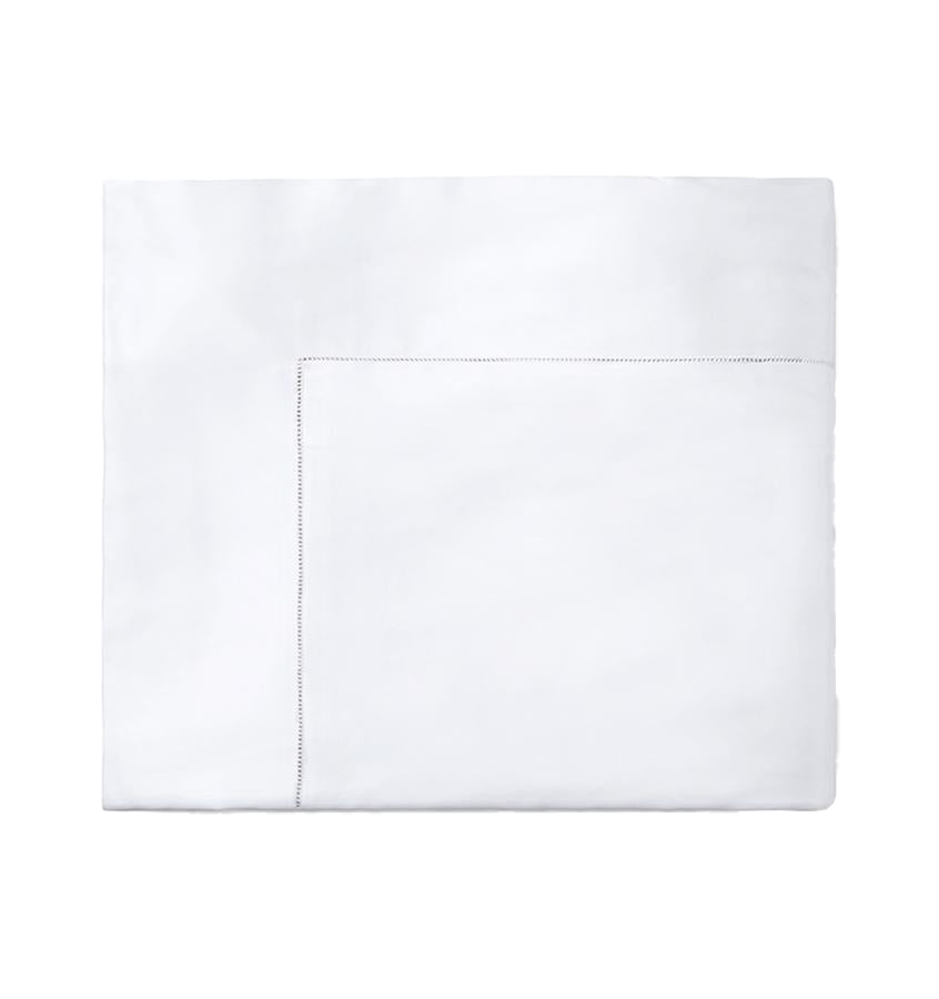 Sferra Giza 45 Luxe white cotton fitted sheet with hemstitch border, folded flat.