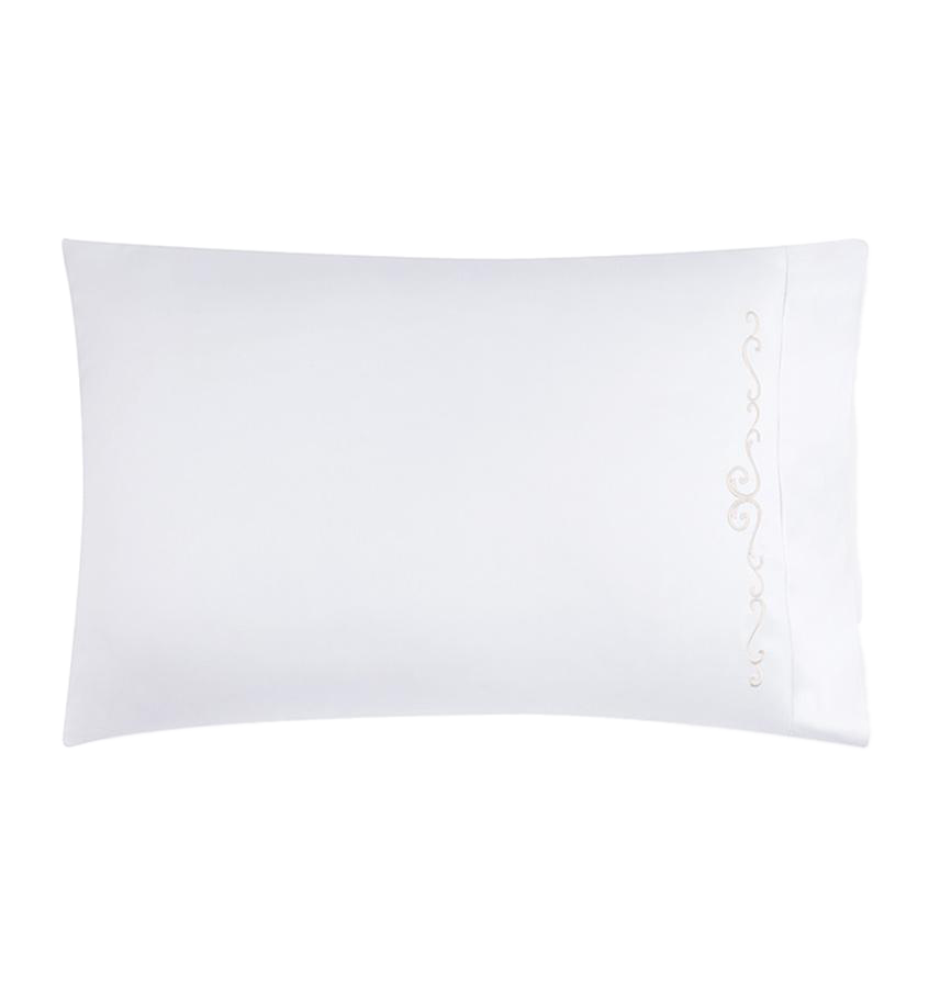 Sferra Giza 45 Severina white pillowcase with champagne embroidered scroll border.