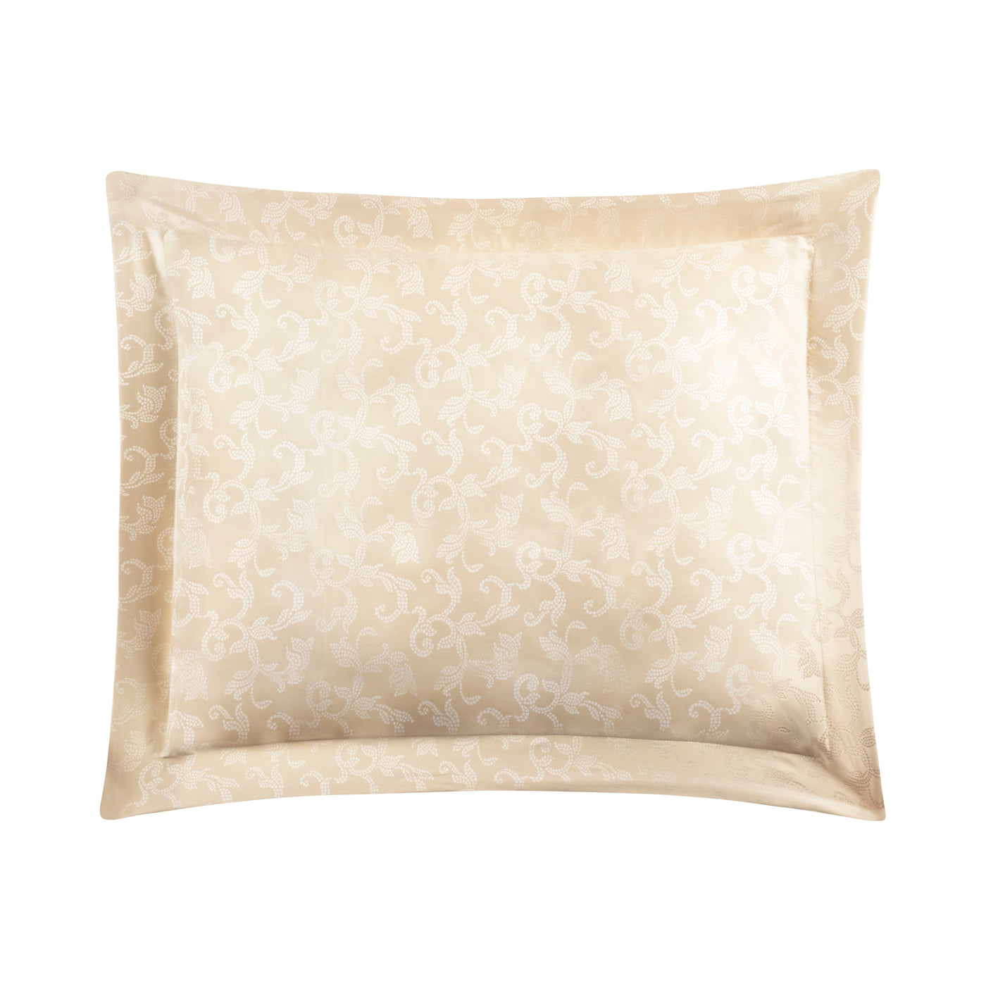 Close-up of Home Treasures Splendor champagne jacquard scroll pattern on pillow sham.
