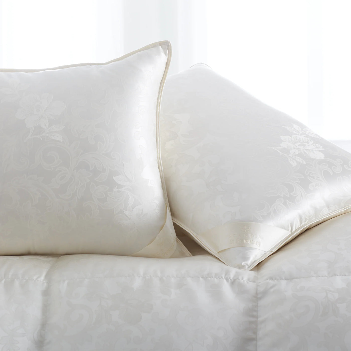 Scandia Home St. Petersburg ivory jacquard floral silk pillow with champagne piping.