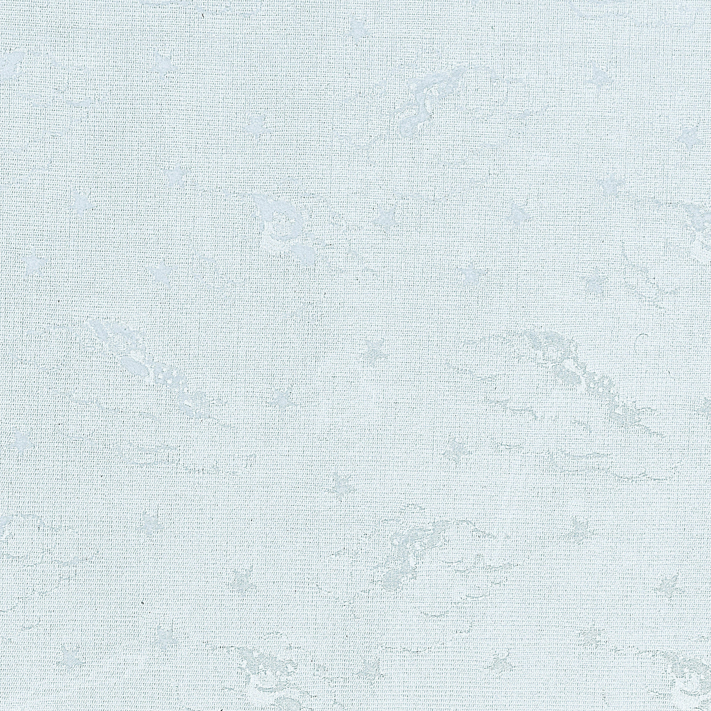 Close-up of ice blue linen fabric with subtle tonal floral jacquard texture.