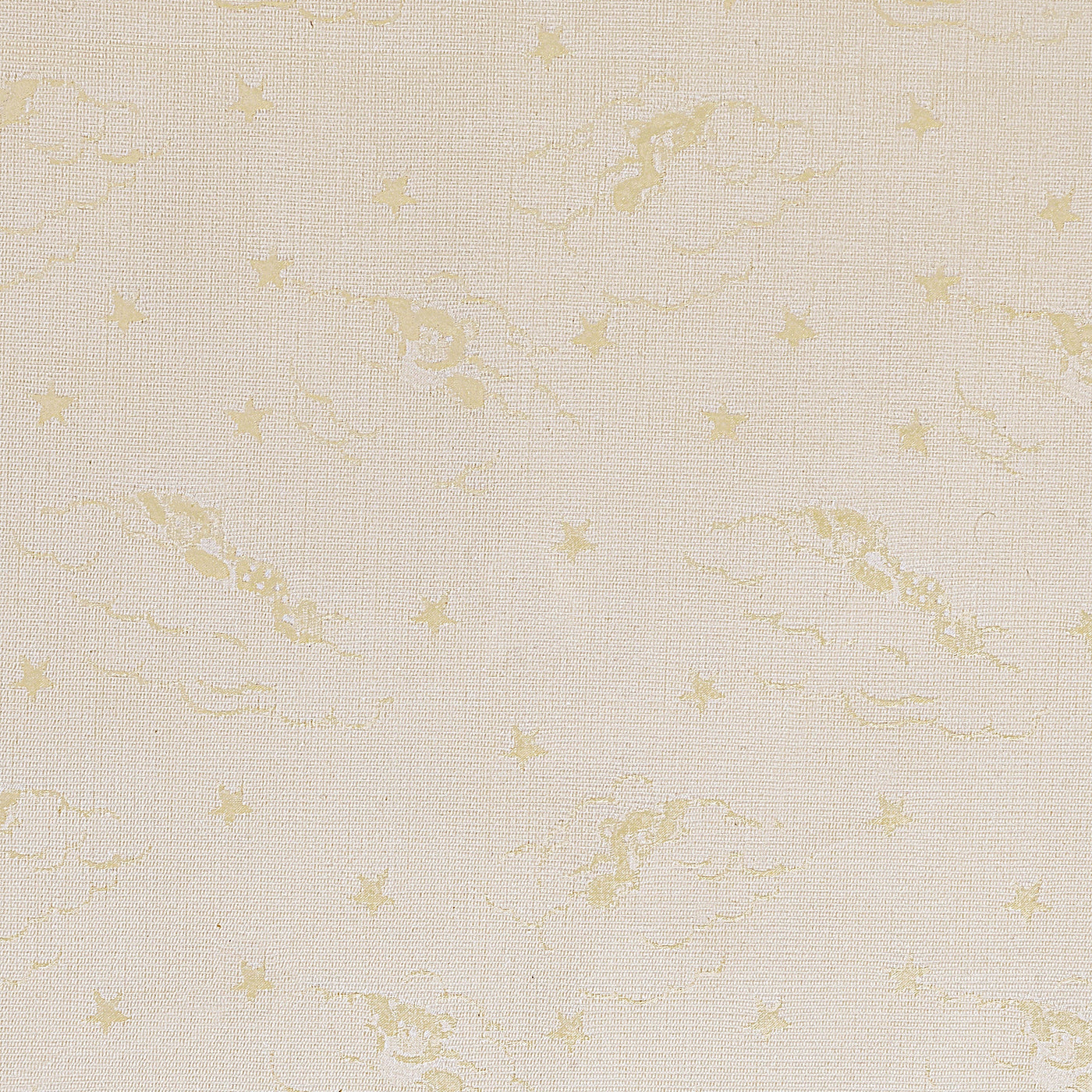 Close-up of ivory linen weave with tone-on-tone champagne star and cloud pattern.