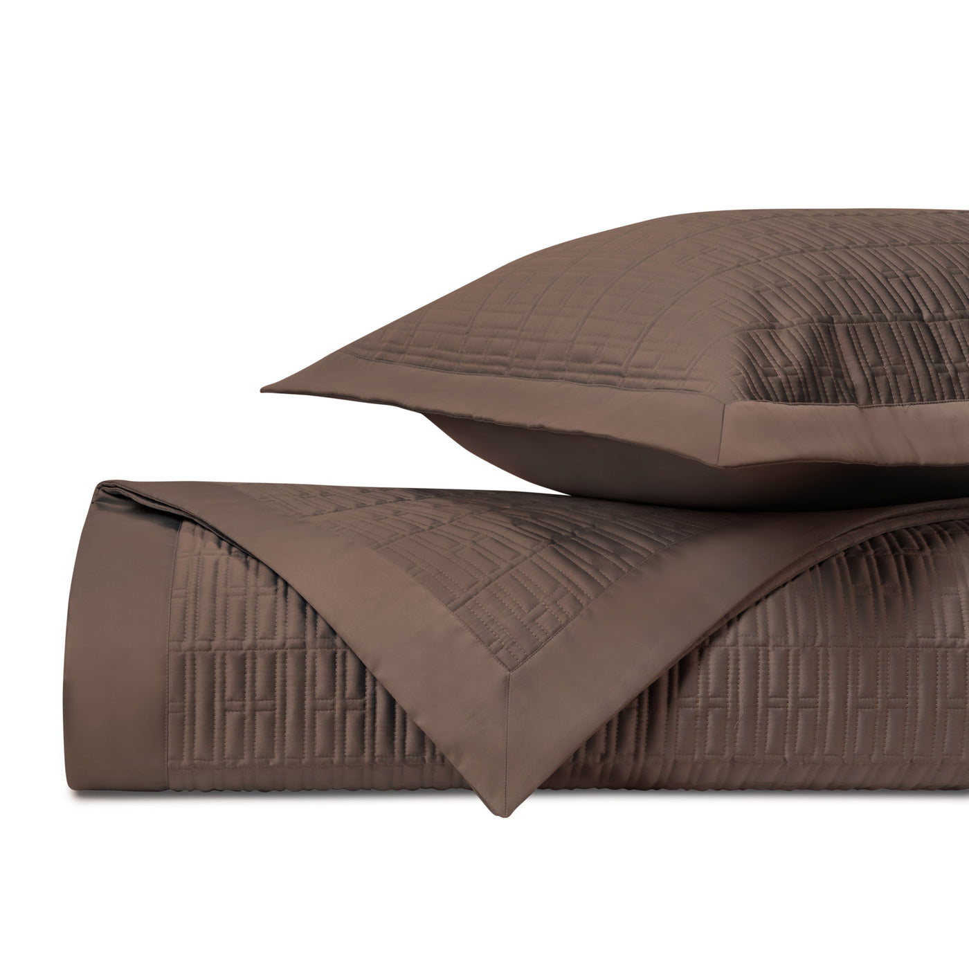 Close-up of Sydney quilted satin in mink, showing geometric stitched pattern and sheen.