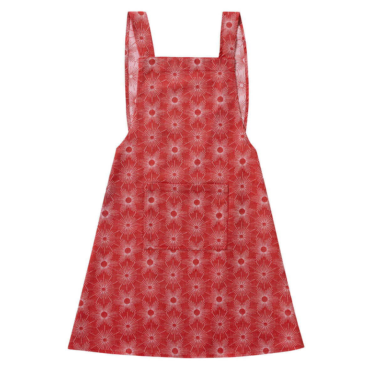 Le Jacquard Français Sous les Étoiles apron in Red, front view showing star floral pattern and front pocket.