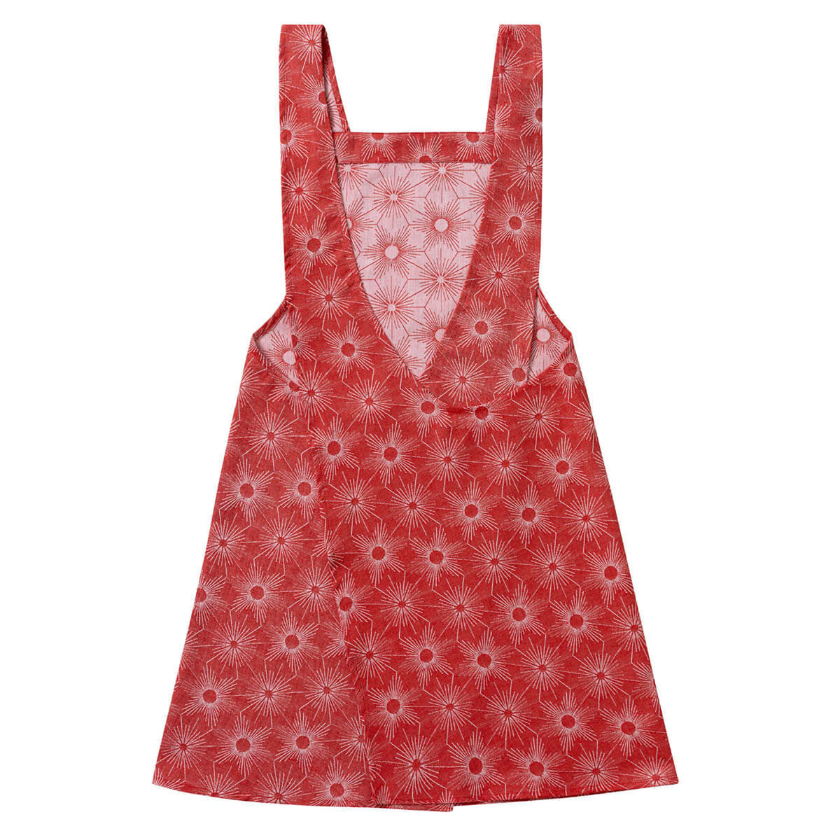 Le Jacquard Français Sous les Étoiles apron in Red, cross-back straps, allover floral star print.