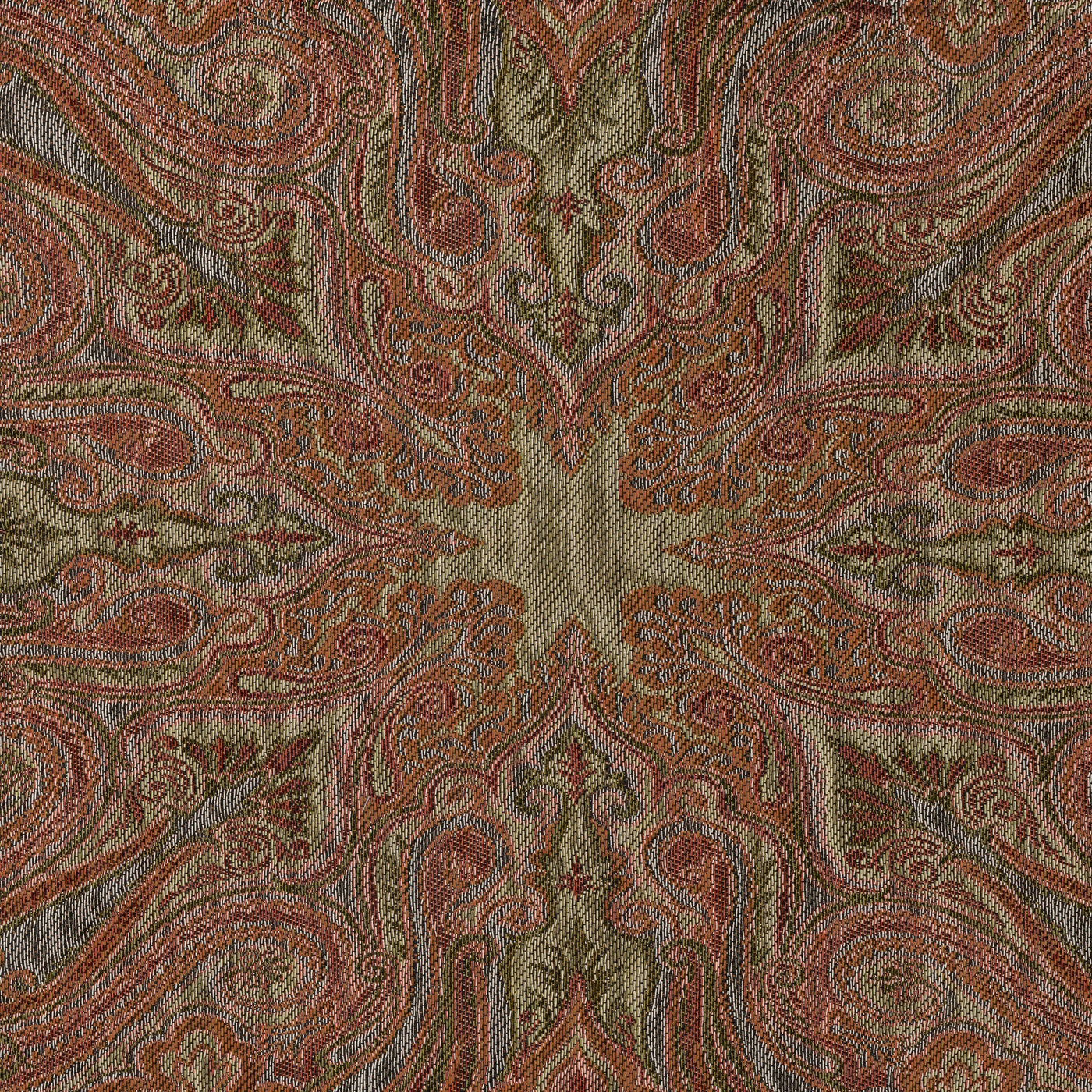 Close-up of Taj Mahal woven paisley pattern in terracotta, sage, and dusty blue.