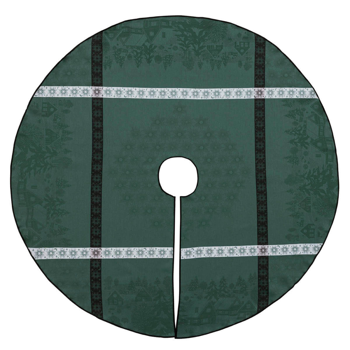Le Jacquard Français Sous les Étoiles Christmas tree mat in Green with snowflake border trim.