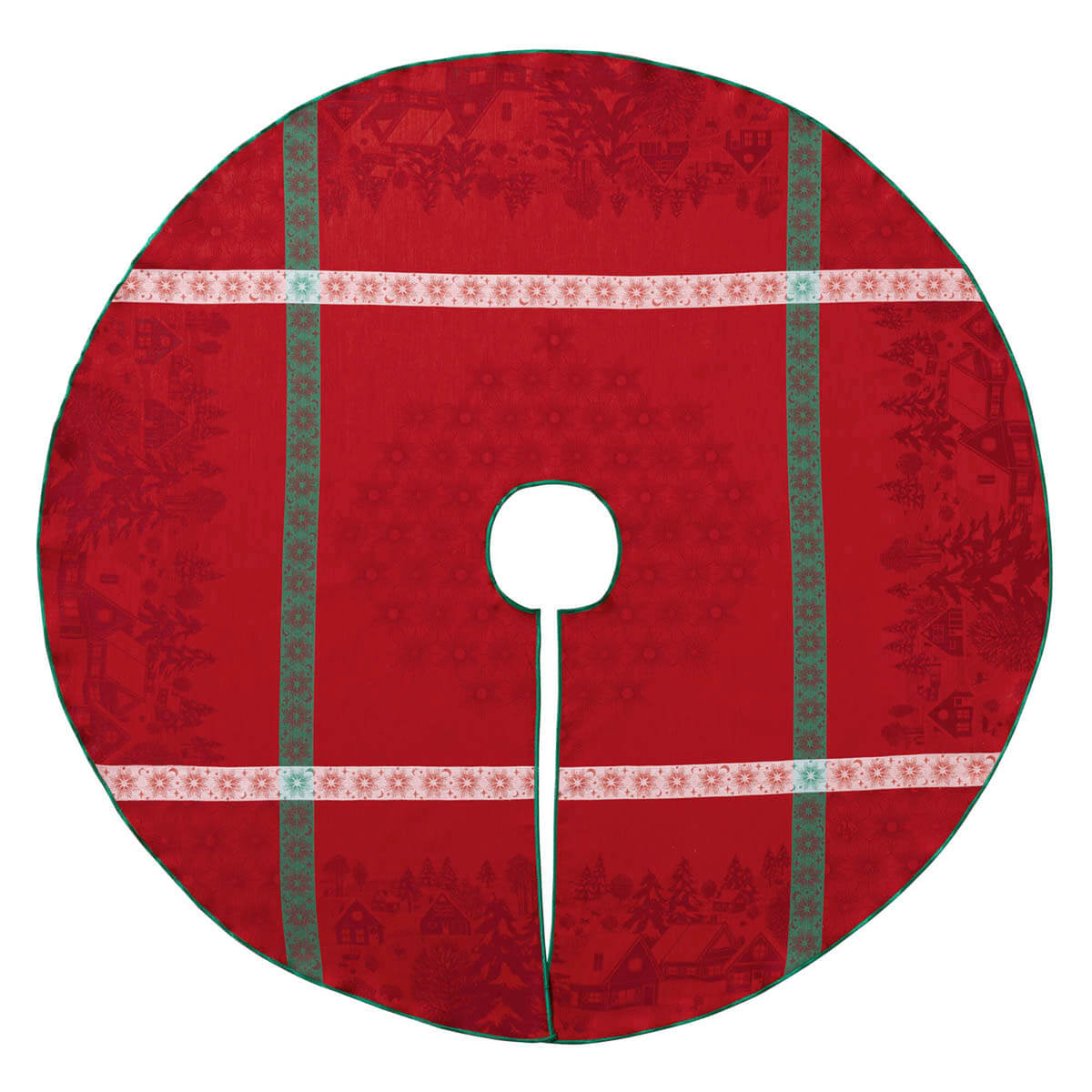 Red Le Jacquard Français Sous les Étoiles Christmas tree mat, overhead view showing full round shape.