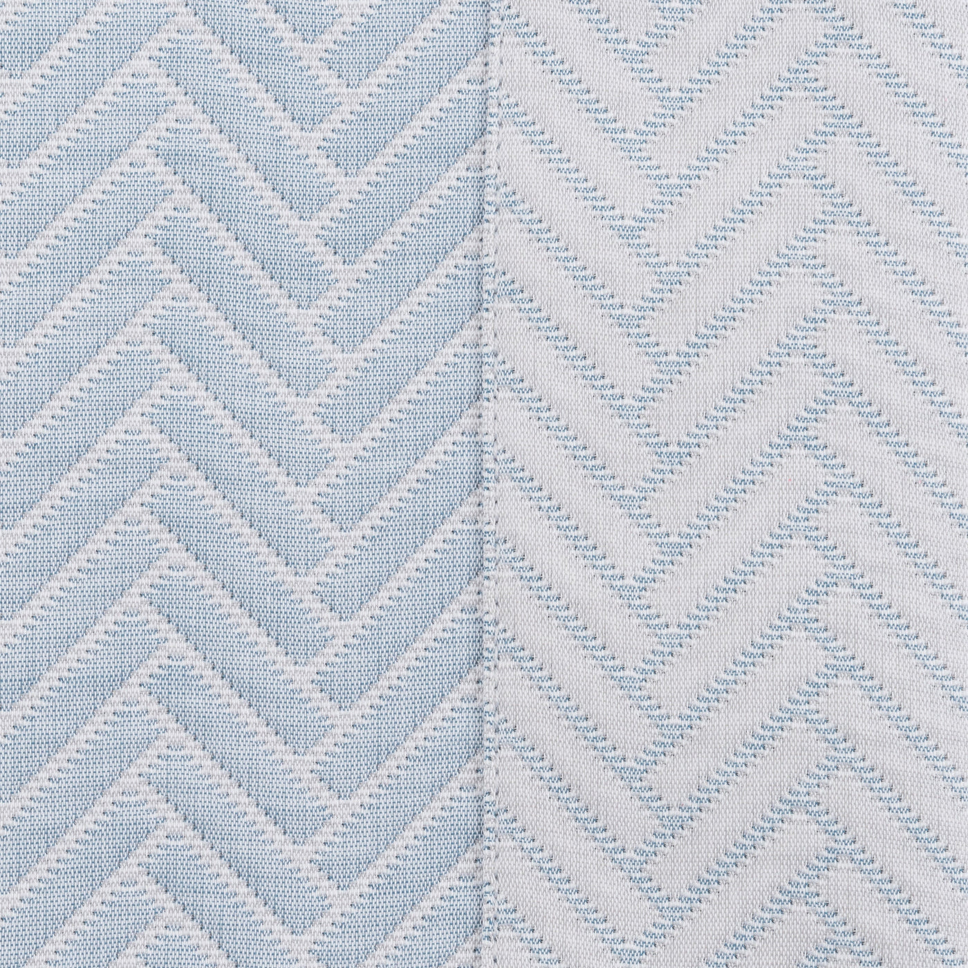 Close-up of Thatcher coverlet showing powder blue and white chevron weave, both colorways side by side.