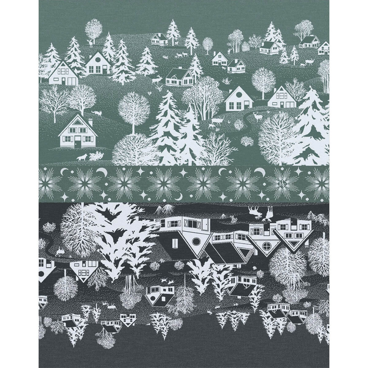 Le Jacquard Français Sous les Étoiles tea towel set in Green, winter village scene print.