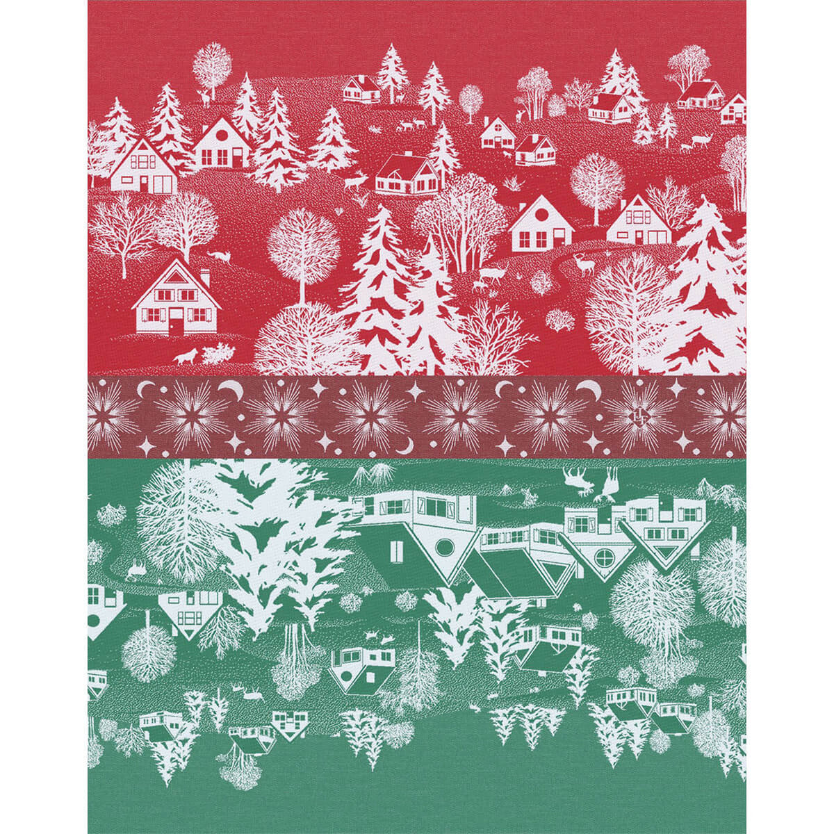Le Jacquard Français Sous les Étoiles tea towels flat lay, red and green winter village print.