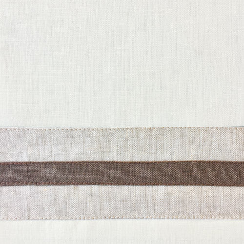 Close-up of ivory linen with woven taupe and mocha horizontal border stripes.