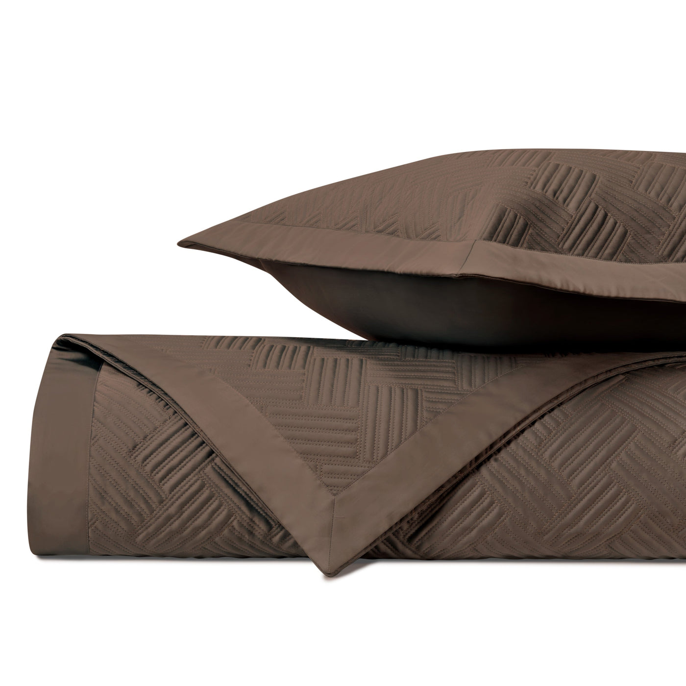 Close-up of Home Treasures Twilight quilted satin in mocha with geometric basketweave texture.