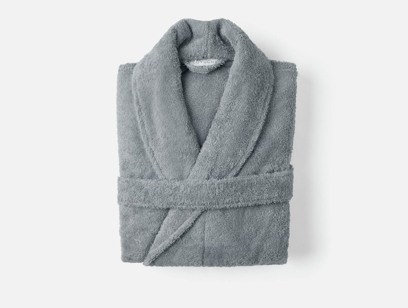 Coyuchi Cloud Loom robe folded flat, slate blue plush terry, shawl collar detail.