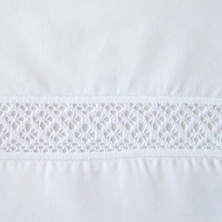 Close-up of white cotton pillowcase with intricate lace trim detail at hem.