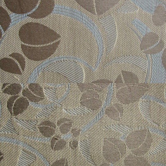 Close-up of Valentene jacquard weave showing taupe floral and leaf pattern with pale blue undertones.