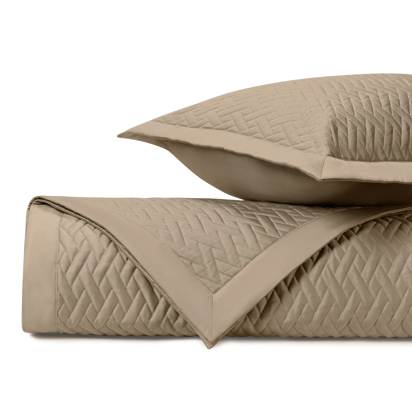 Home Treasures Viscaya quilted coverlet and sham in khaki with woven diamond pattern.