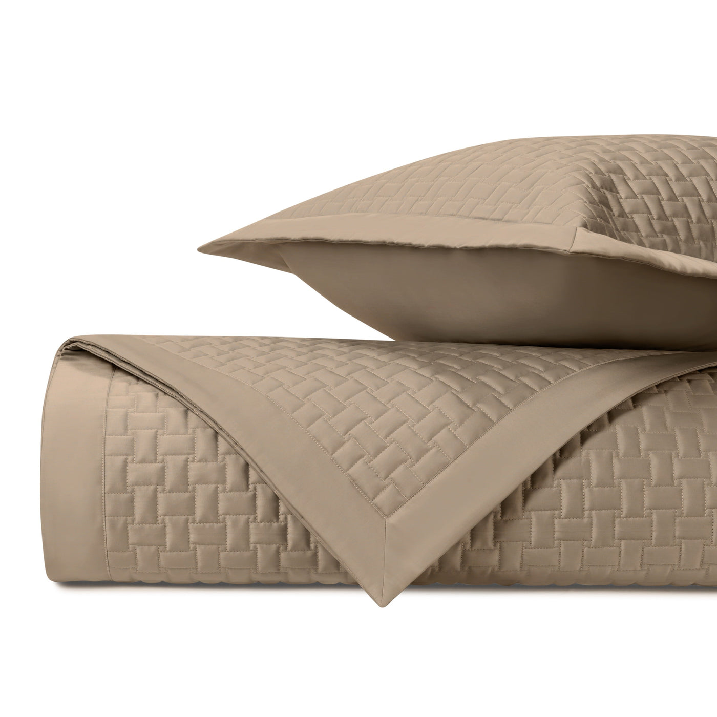 Close-up of Home Treasures Wicker quilted yardage in taupe basketweave texture.