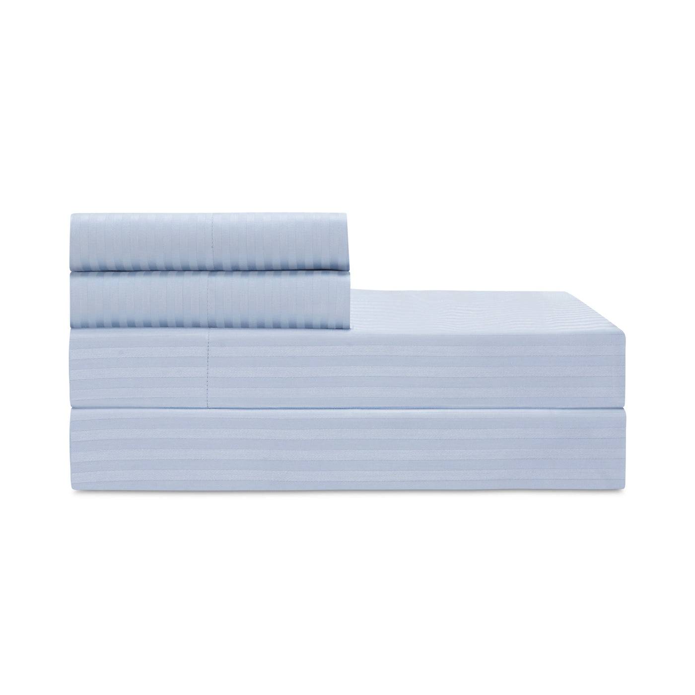 Home Treasures Windsor sheet set in pale blue with tonal stripe weave, neatly folded.