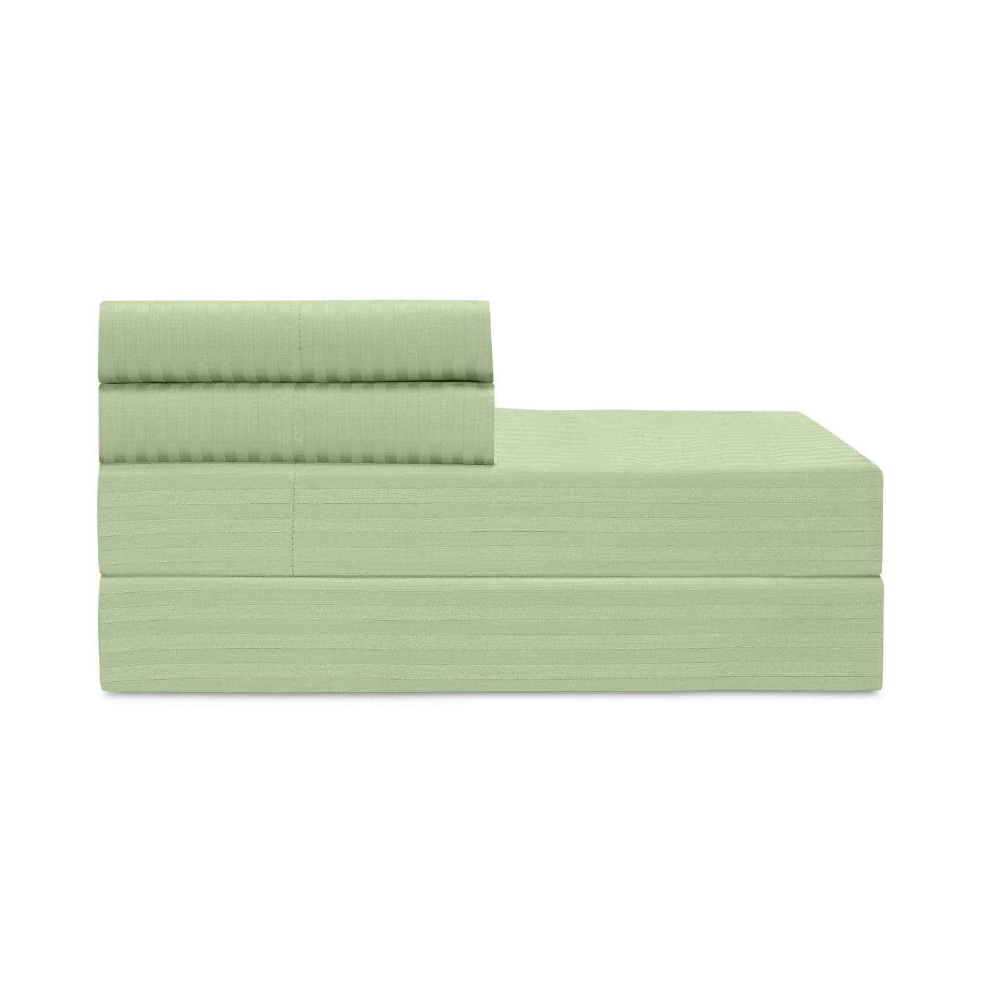 Sage green Windsor sheet set folded flat, showing subtle tone-on-tone stripe texture.