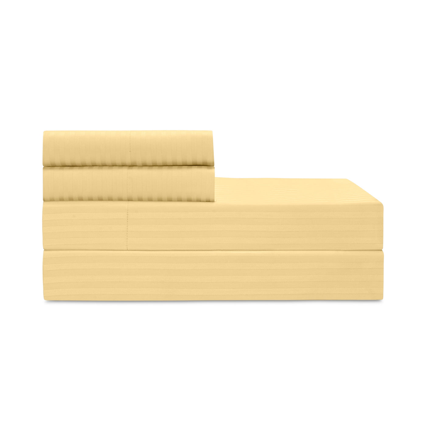Folded champagne cotton sheet set with subtle stripe texture, stacked flat on white background.