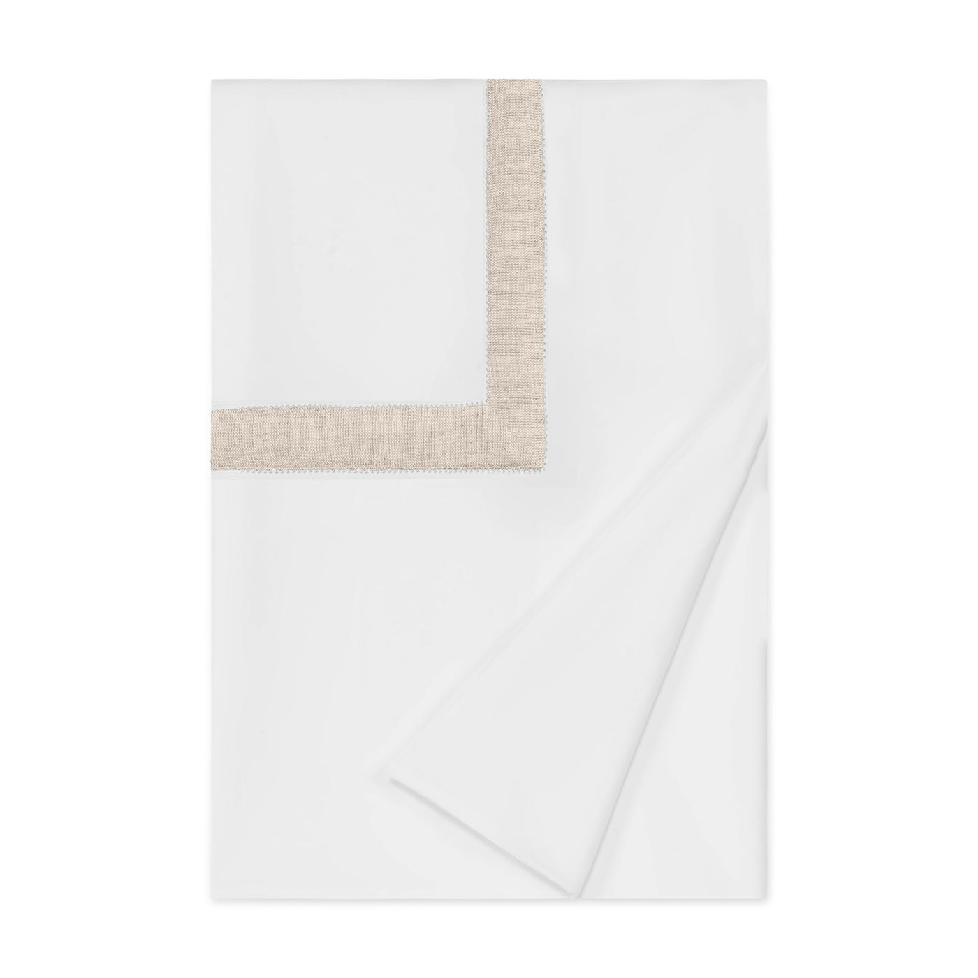 Folded white duvet cover with woven natural linen border trim detail.