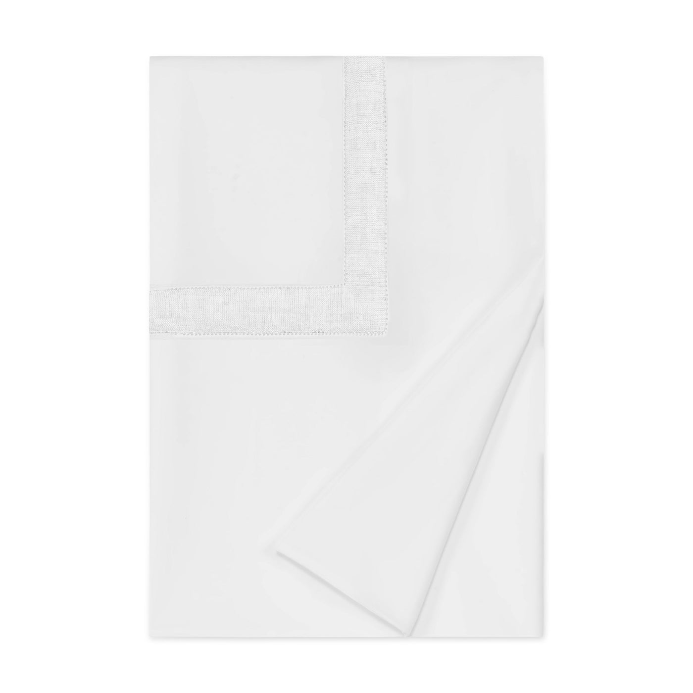 Folded white duvet cover with delicate hemstitch border detail at corner.