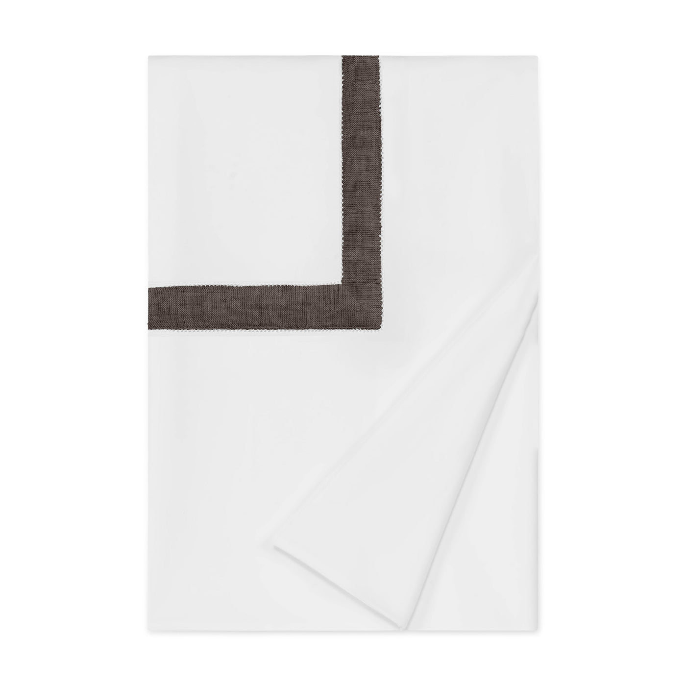 Close-up of folded white duvet cover with charcoal woven border trim detail.