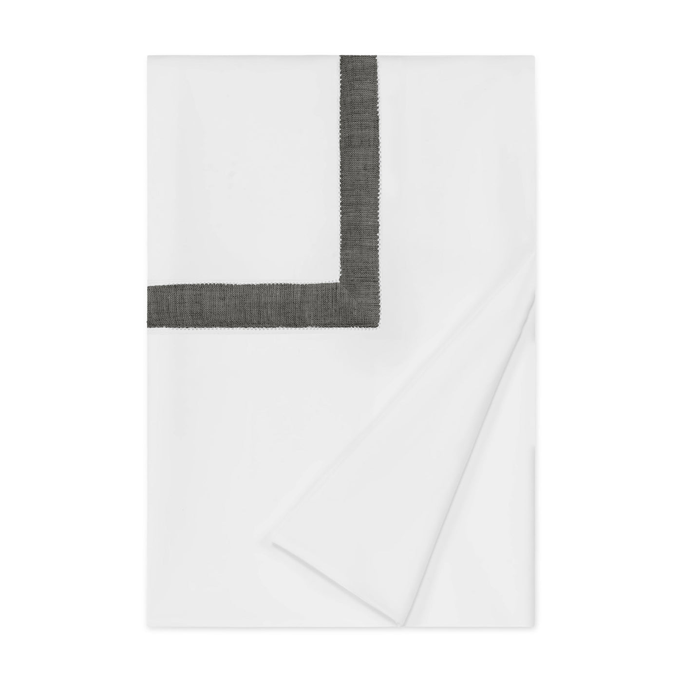 Close-up of charcoal woven border trim detail on white Home Treasures Yves duvet cover.