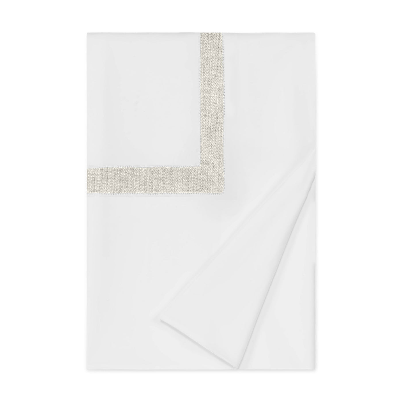 Close-up of champagne linen border trim detail on white Home Treasures Yves duvet cover.