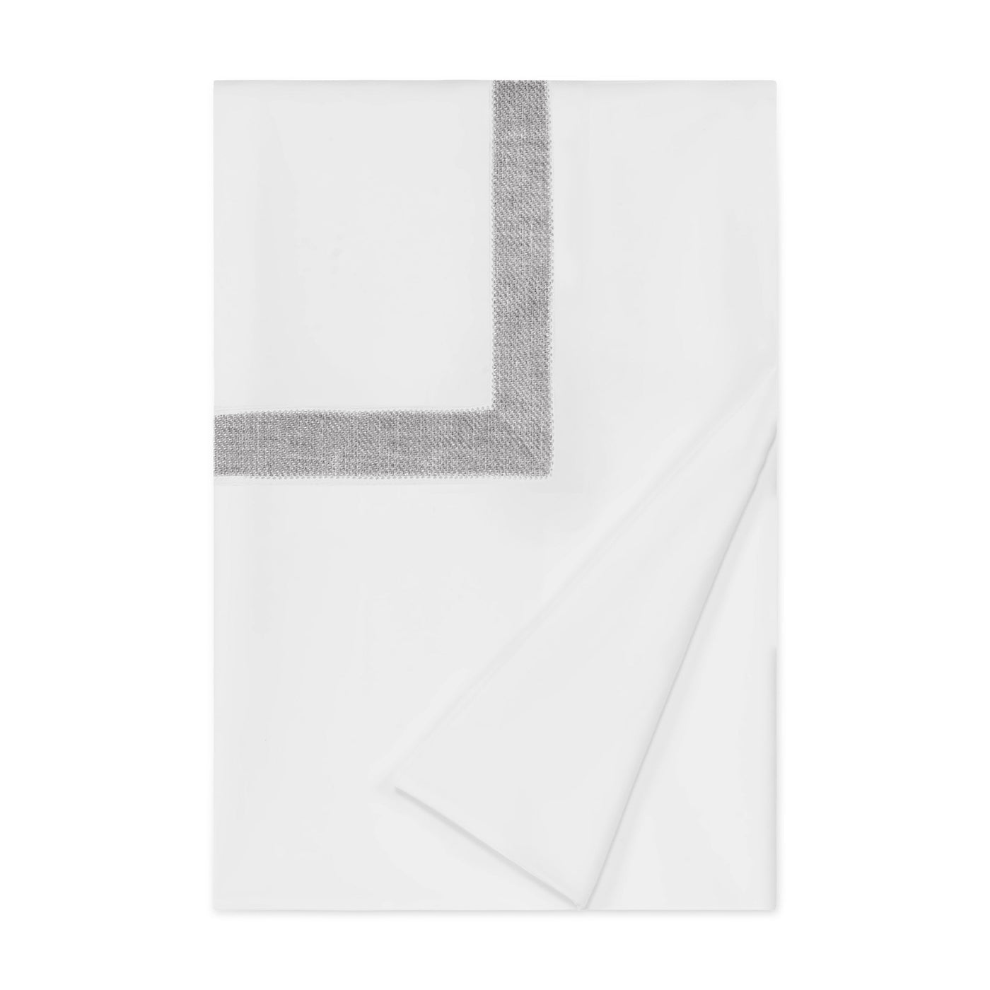 Home Treasures Yves duvet cover folded flat showing silver border detail on white cotton.