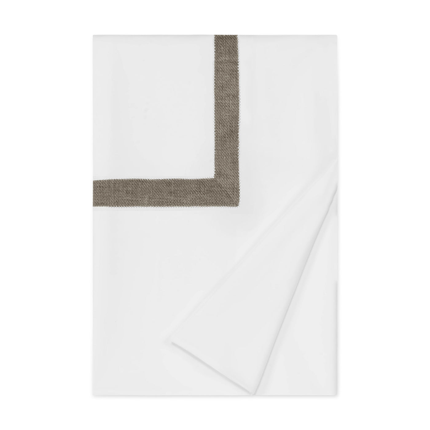 Close-up of folded white duvet cover with taupe woven border trim detail.