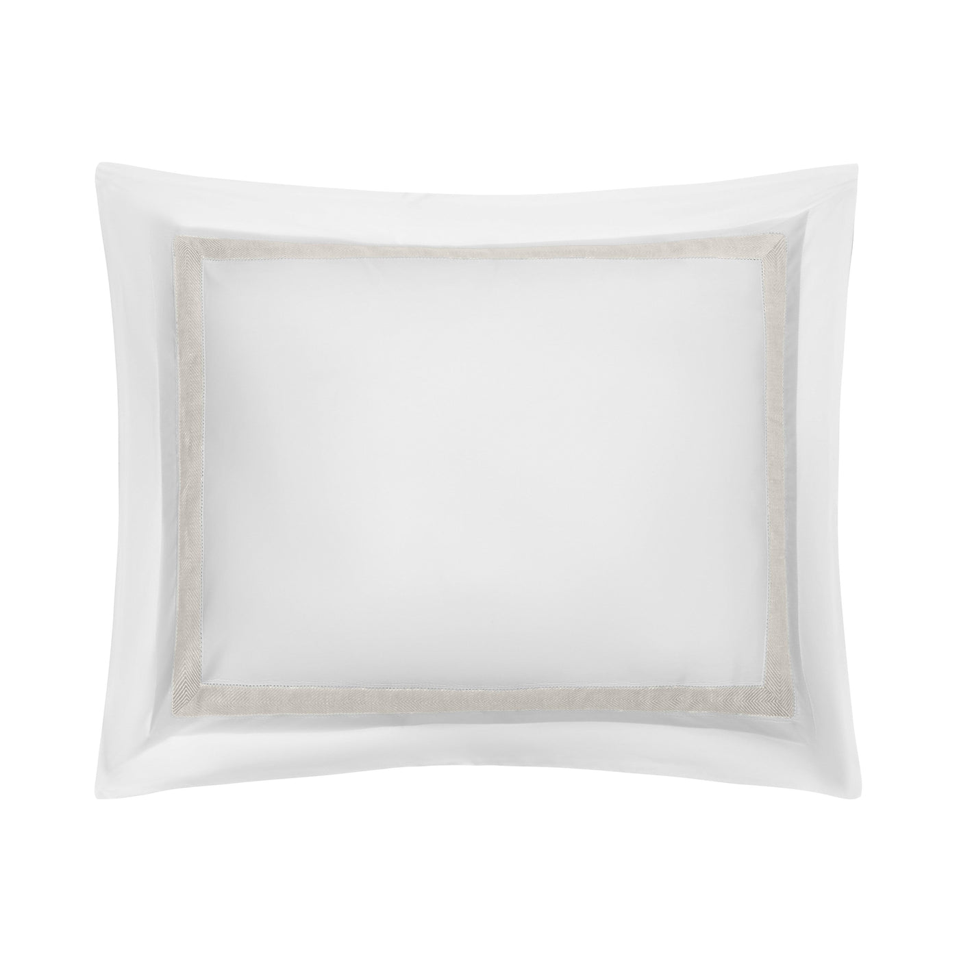 Close-up of white pillow sham with taupe woven border detail on flanged edge.