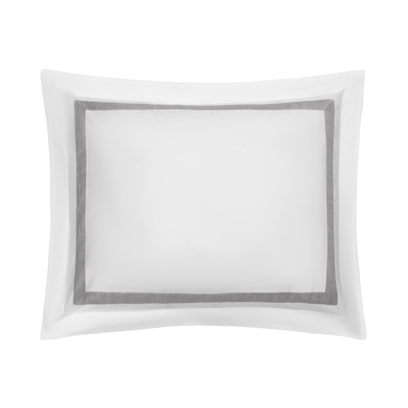 Close-up of Home Treasures Yves sham with slate grosgrain border on white cotton.