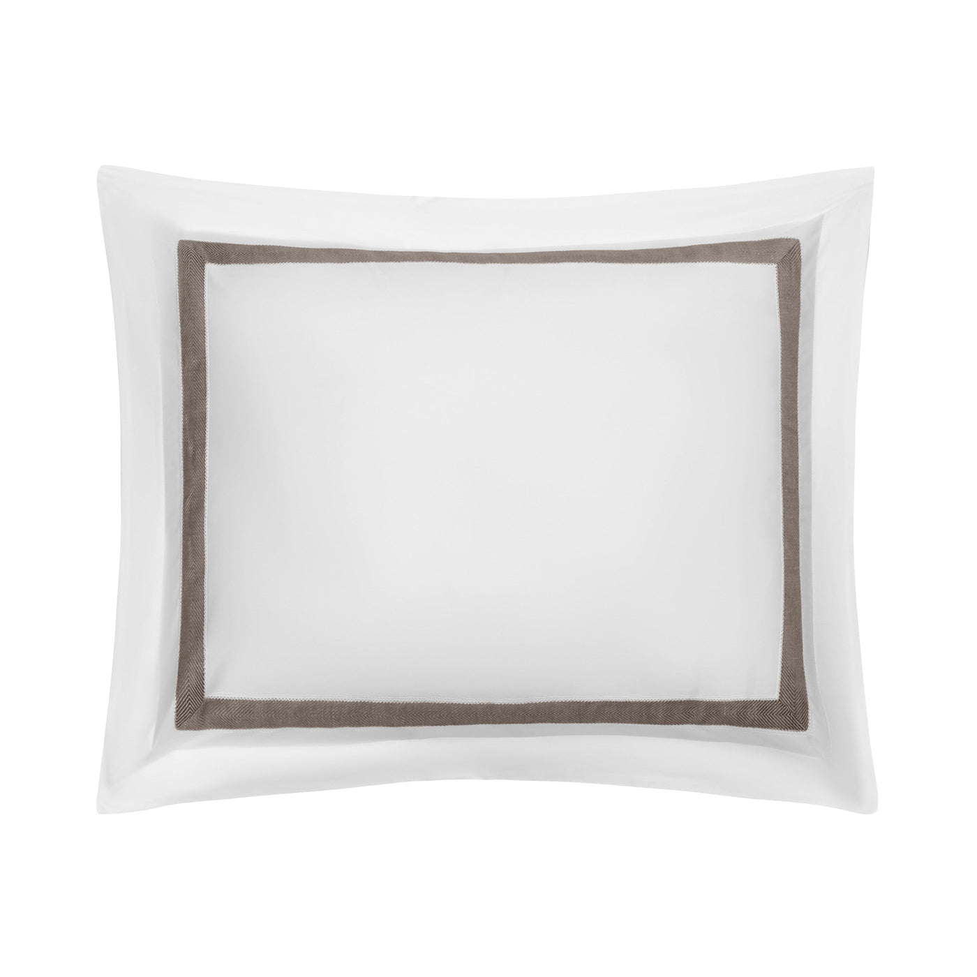 Close-up of white pillow sham with taupe linen border trim on plain background.