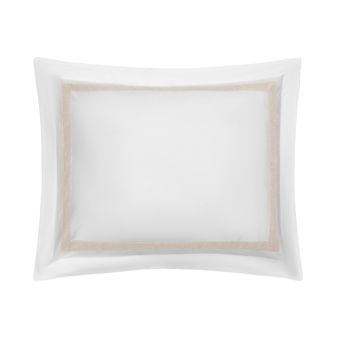 Close-up of Home Treasures Yves sham with wide flax border on white cotton.
