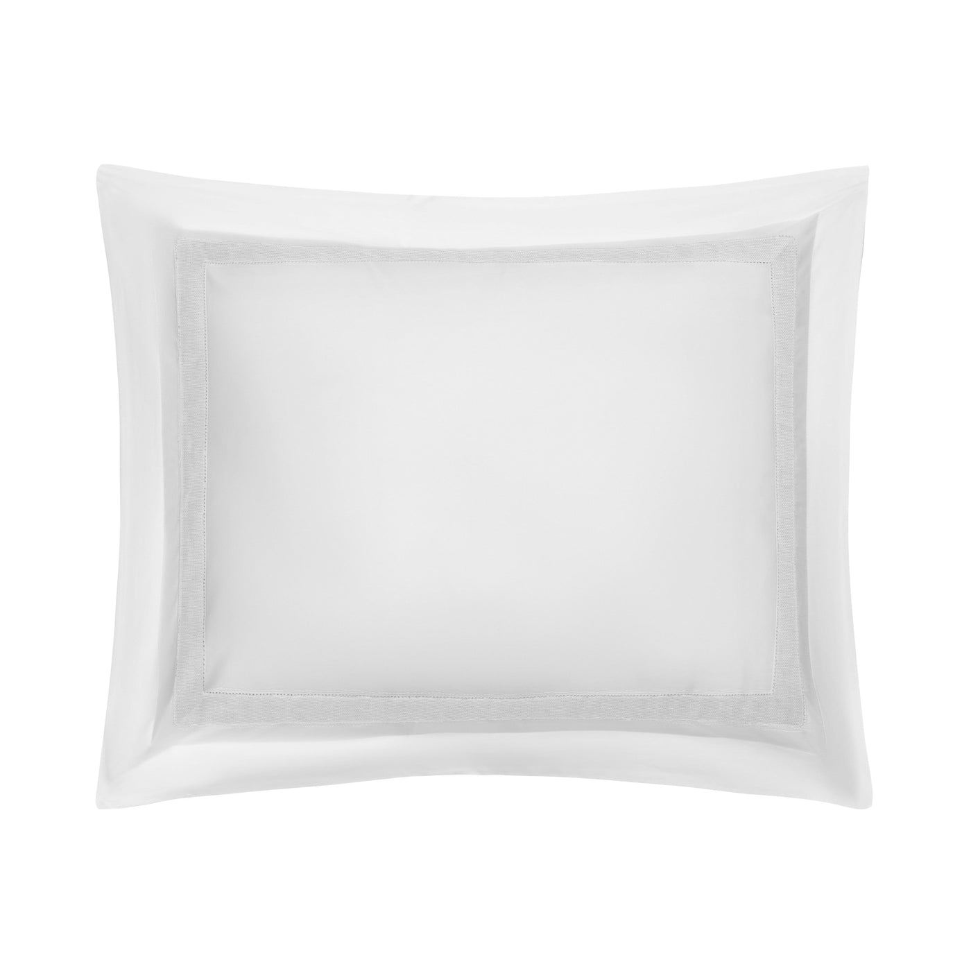 White pillow sham with structured flange border, flat lay view.