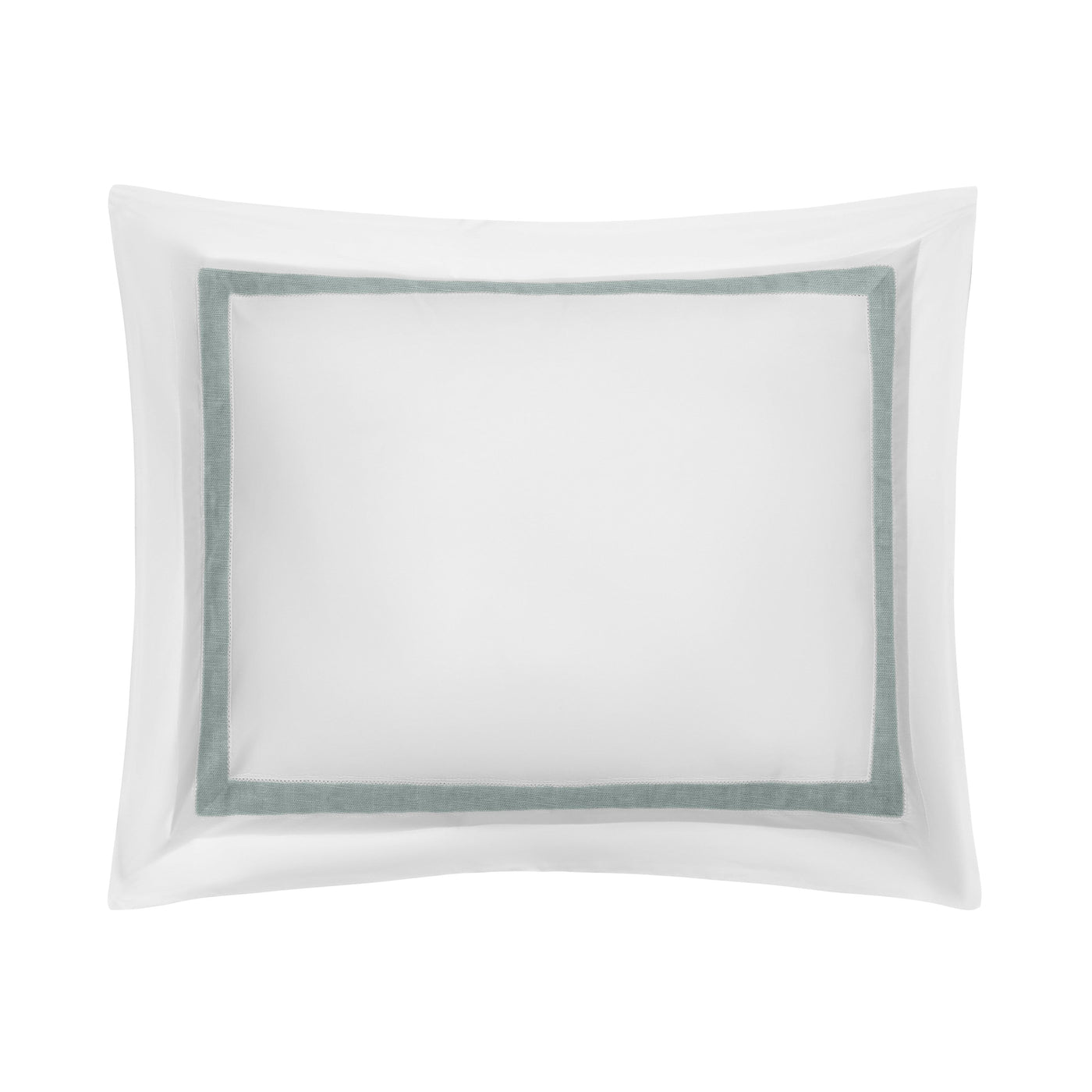 Close-up of white pillow sham with sage grosgrain ribbon border trim.