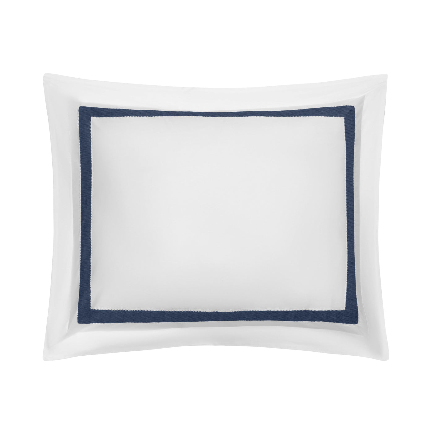 Close-up of white pillow sham with navy border trim on plain background.
