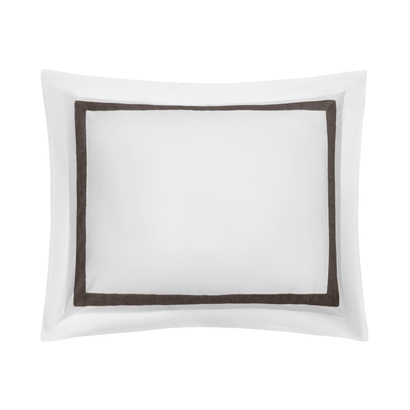 Close-up of Home Treasures Yves sham with chocolate grosgrain border on white ground.