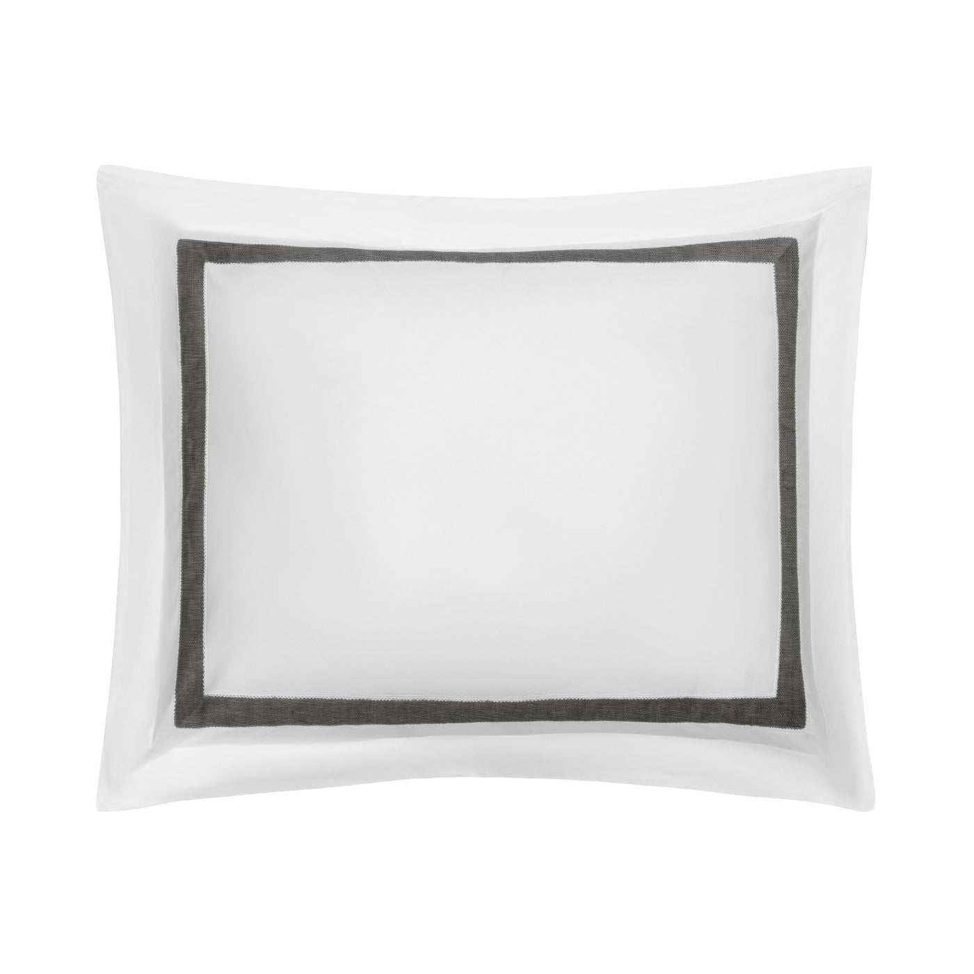 Close-up of charcoal border detail on white Home Treasures Yves pillow sham.