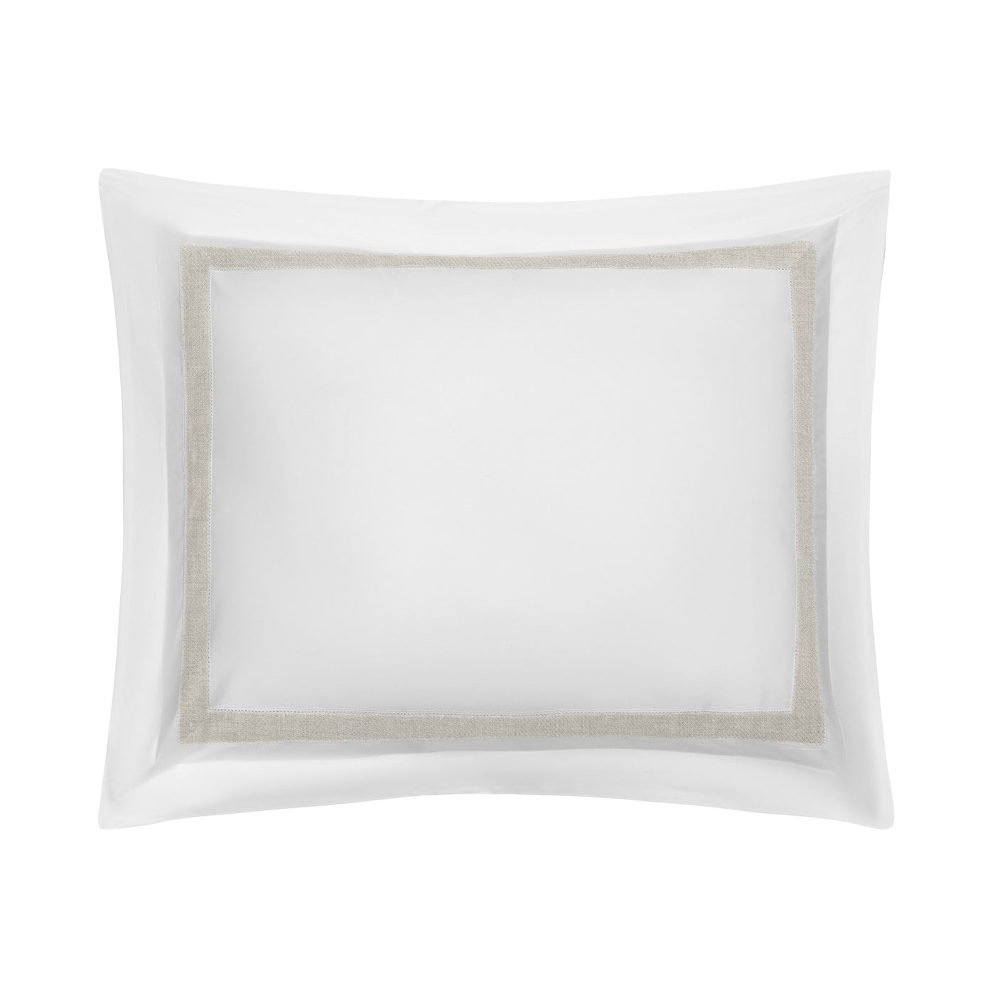 Close-up of Home Treasures Yves sham in white with a woven champagne border trim.