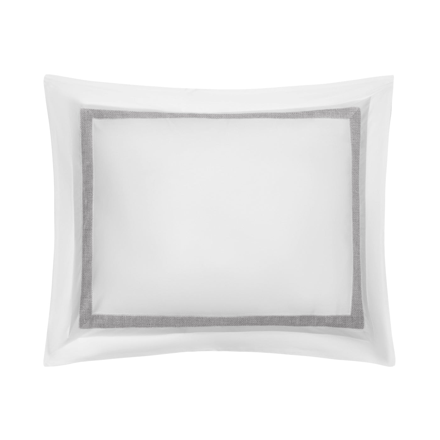 Close-up of white pillow sham with charcoal linen border trim and flange edge.