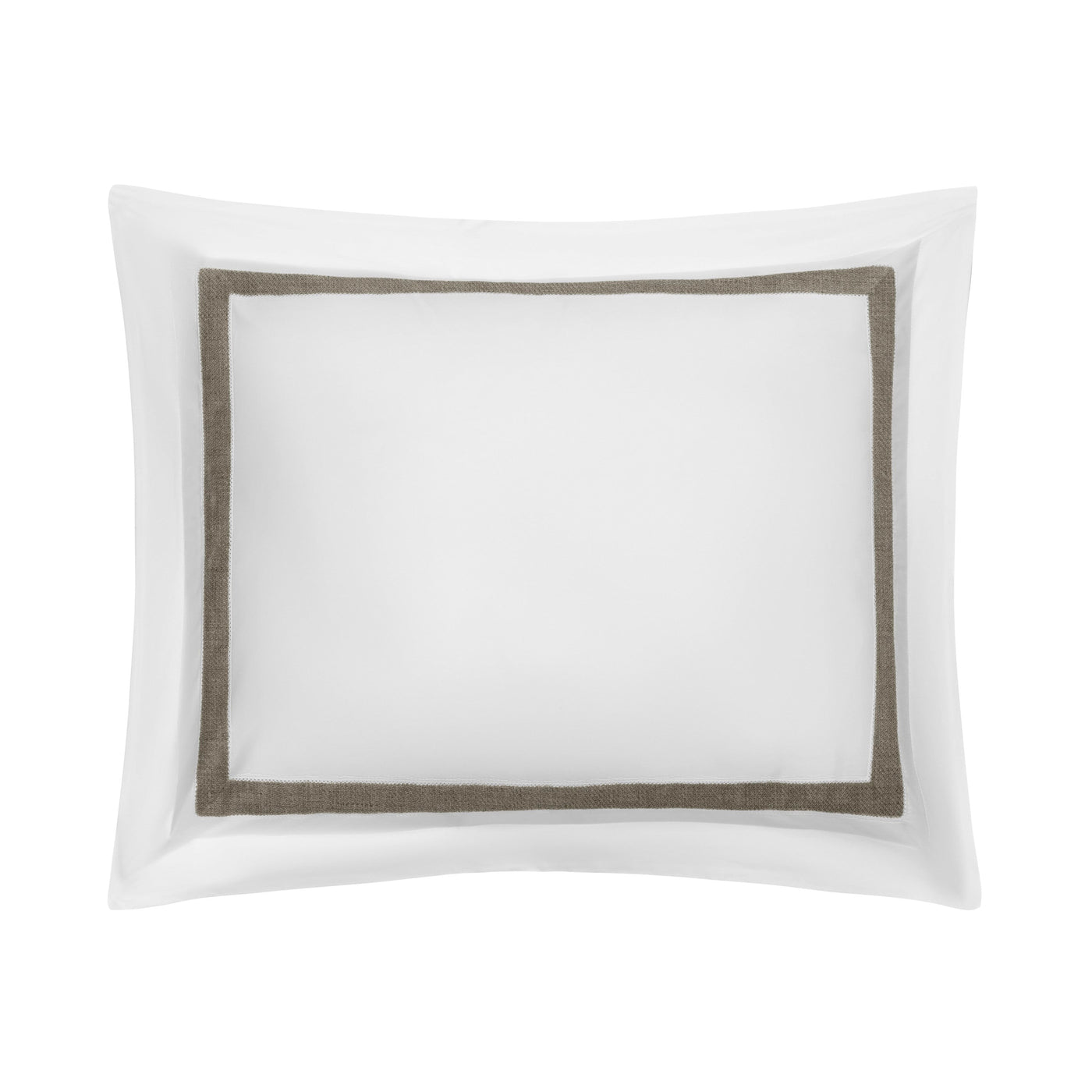 Close-up of Yves sham's taupe linen border trim against crisp white cotton.