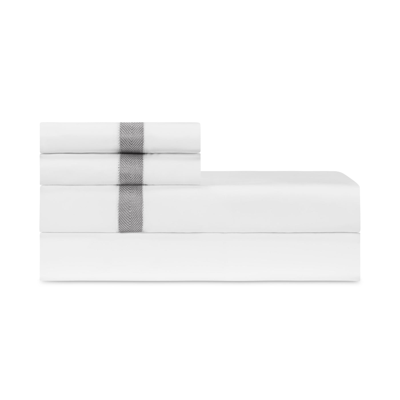 White folded sheet set with charcoal herringbone border stripe, neatly stacked.