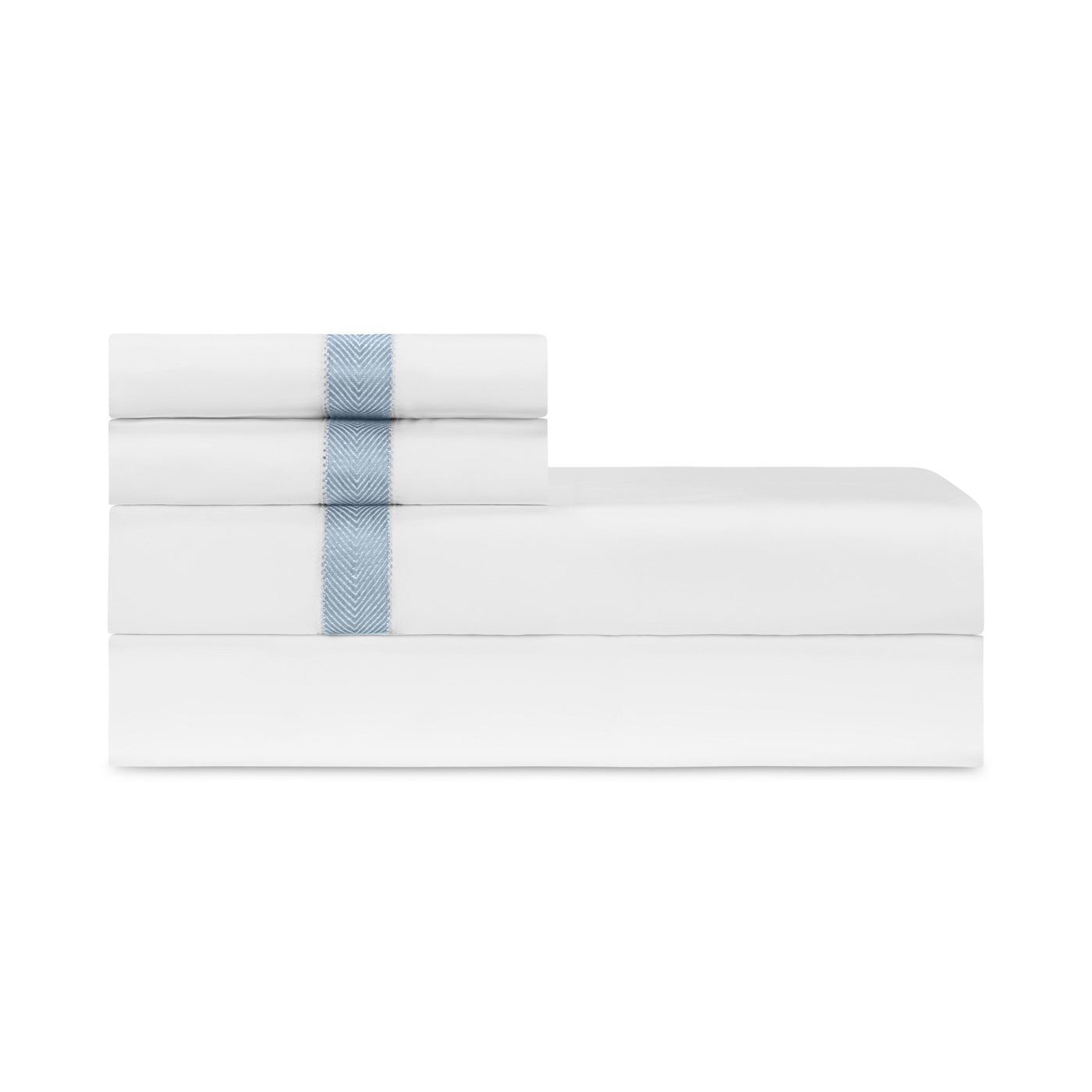 Folded white sheet set with sky blue herringbone embroidered border stripe.